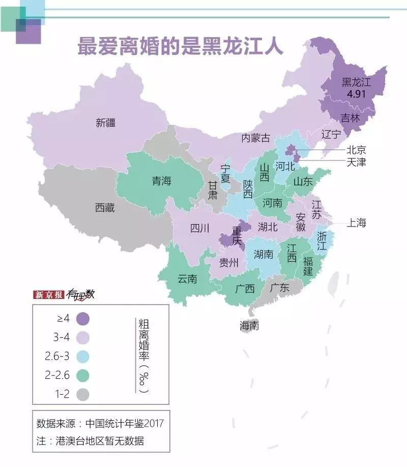 图片来源:新京报新京报的中国离婚图鉴显示,天津的离婚率超过了4