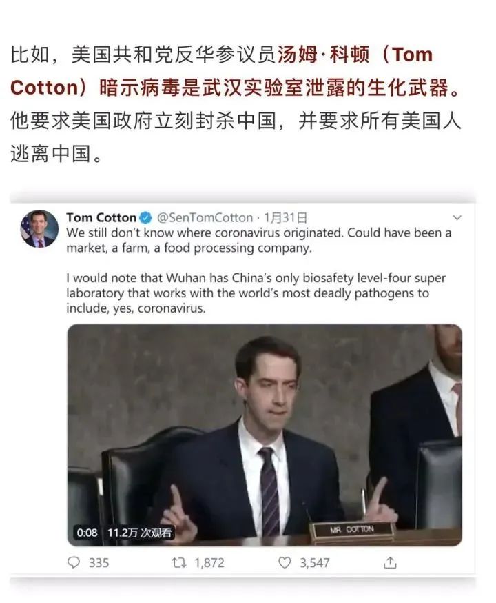 "该文诋毁中国政府和中国人民抗击疫情的努力