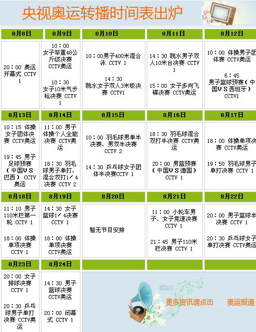 央视奥运转播时间表出炉7个频道全天直播