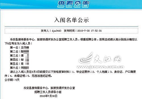 网上公示入围名单（截图）