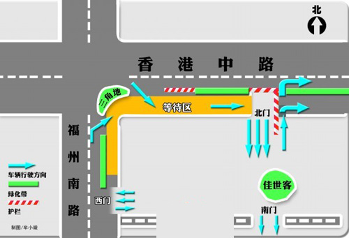 青岛佳世客开设等待区 北门外设护栏南门只出不进