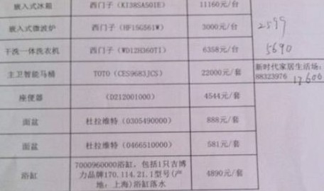 开发商向业主提供的报价单部分内容