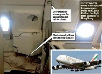 阿航A380空中舱门松开 空姐用毛毯堵住继续飞