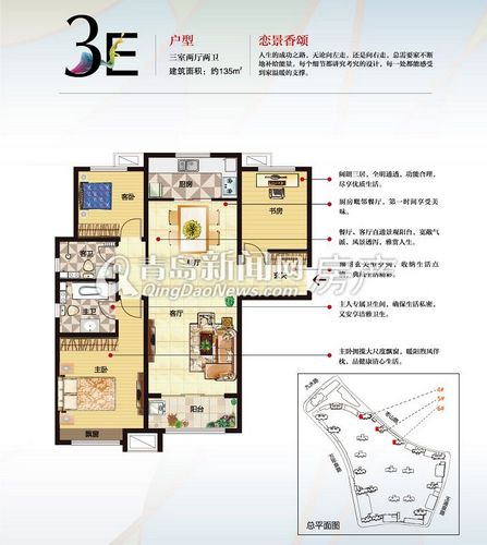 中海国际社区一里城135㎡三室两厅两卫3E户型,青岛新闻网房产